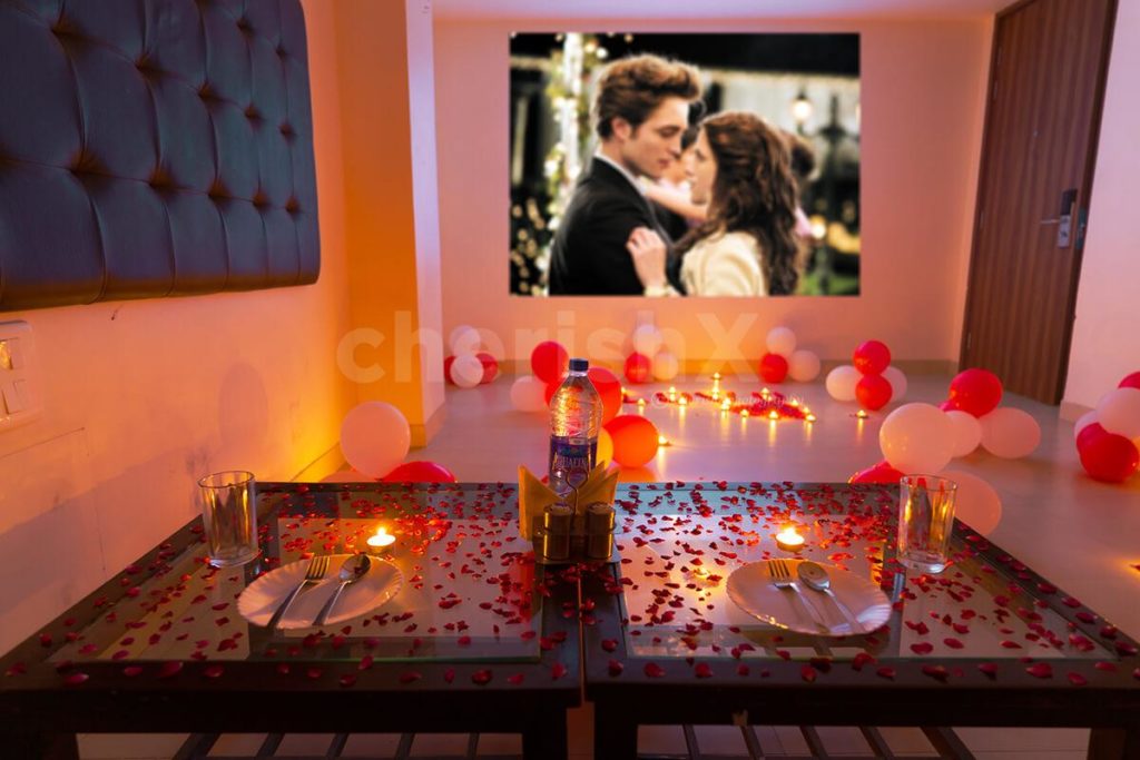 Private movie screening with a romantic candlelight dinner for Valentine's day celebration 