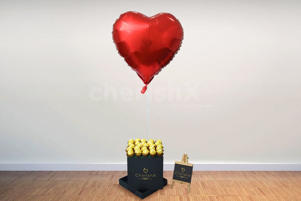 Chocolate bucket with red heart balloon- CherishX