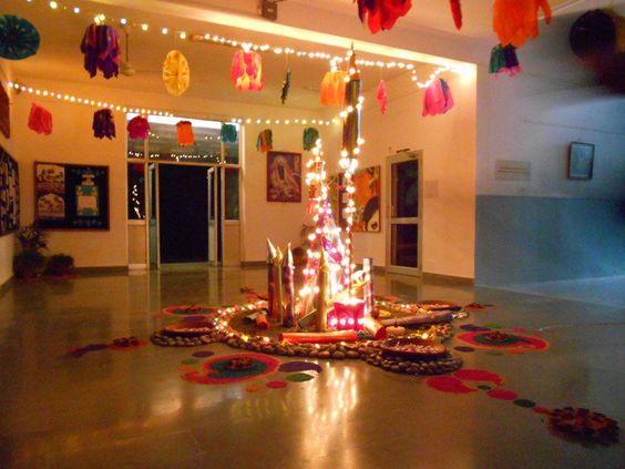 Punjabi Lohri Decoration Ideas with lights and hanging tassels 