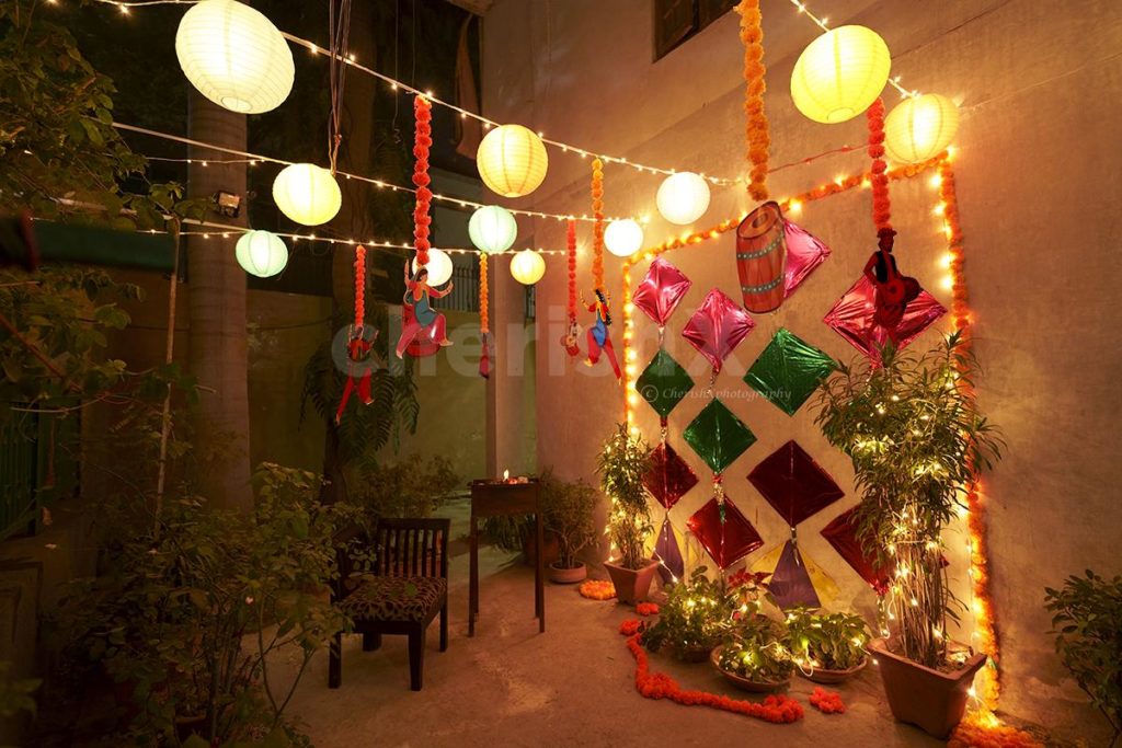 Garden Lohri Decorations with kites and lanterns 
