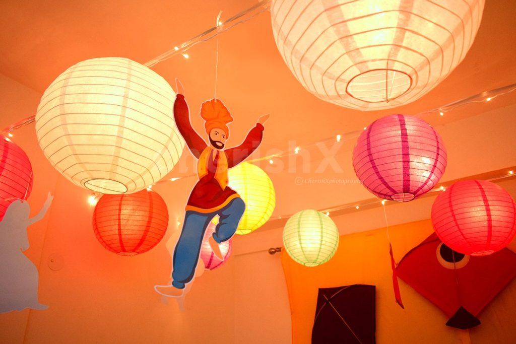 lohri decoration with colorful lanterns 