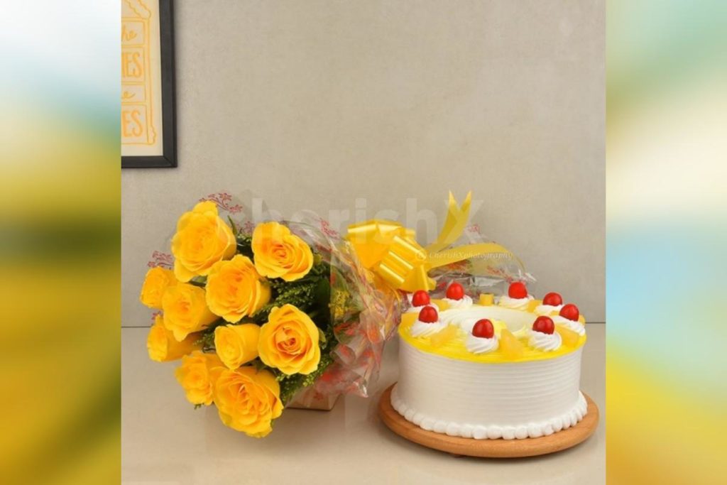 yellow bouquet, with a cake