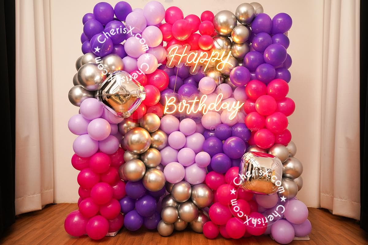 premium purple and white balloon wall decoration