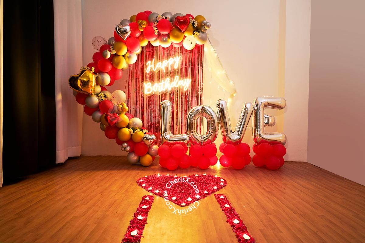romantic hexagon stand birthday balloon decor with neon sign