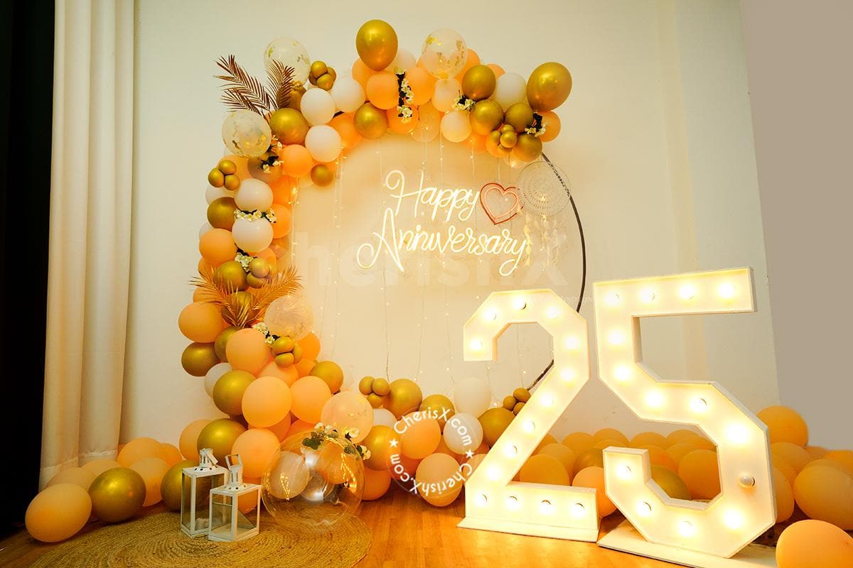golden boho theme ring and neon anniversary decors