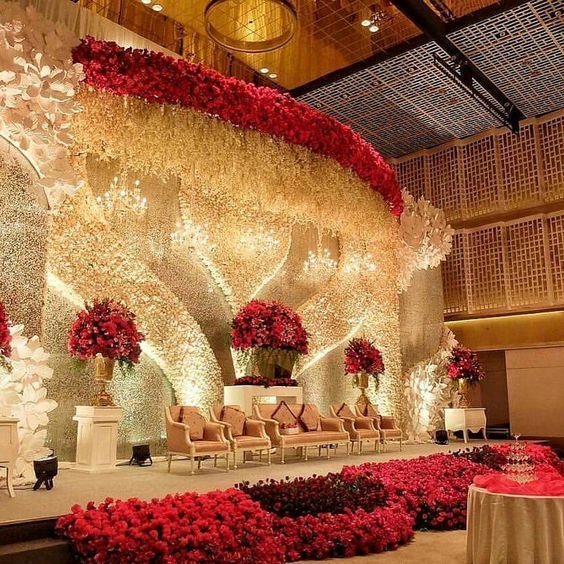 bold red and white theme huge wedding stage decor