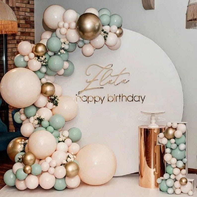 Pastel green, peach & Golden Balloons special decoration