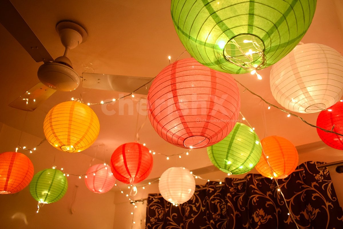 Lohri decoration with colorful lanterns 