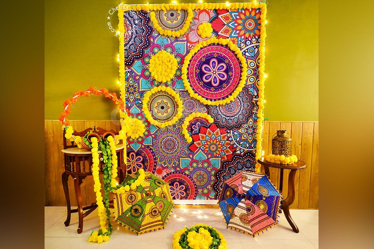 Lohri decoration with mandala backdrop 