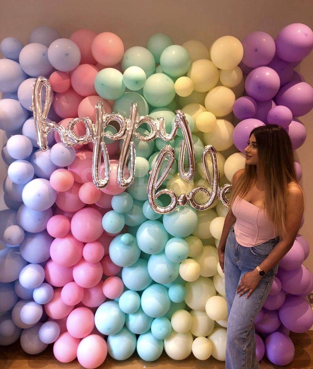 pastel balloon wall birthday decor