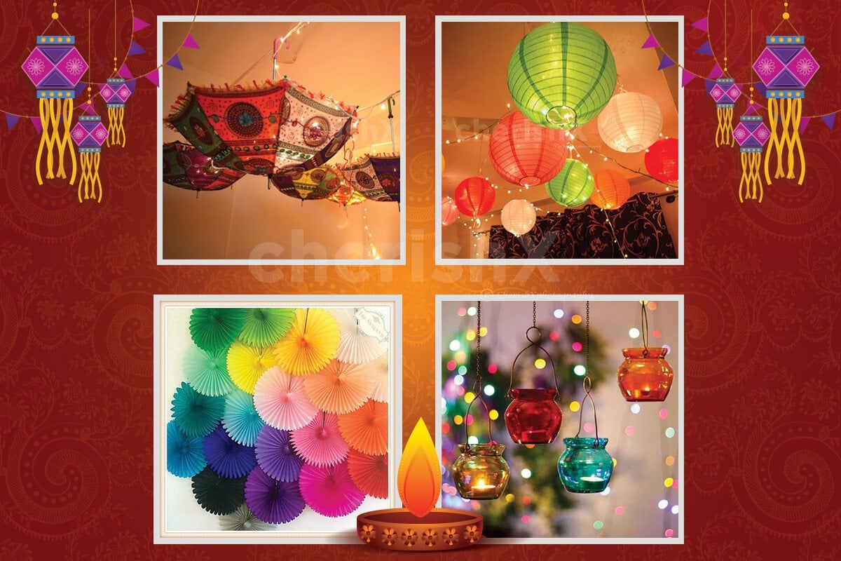 diwali office decoration ideas with lanterns, lights, and lamps.