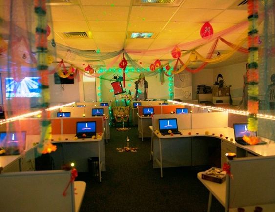 diwali cubicle decoration ideas with lights, marigold flowers, and lights 