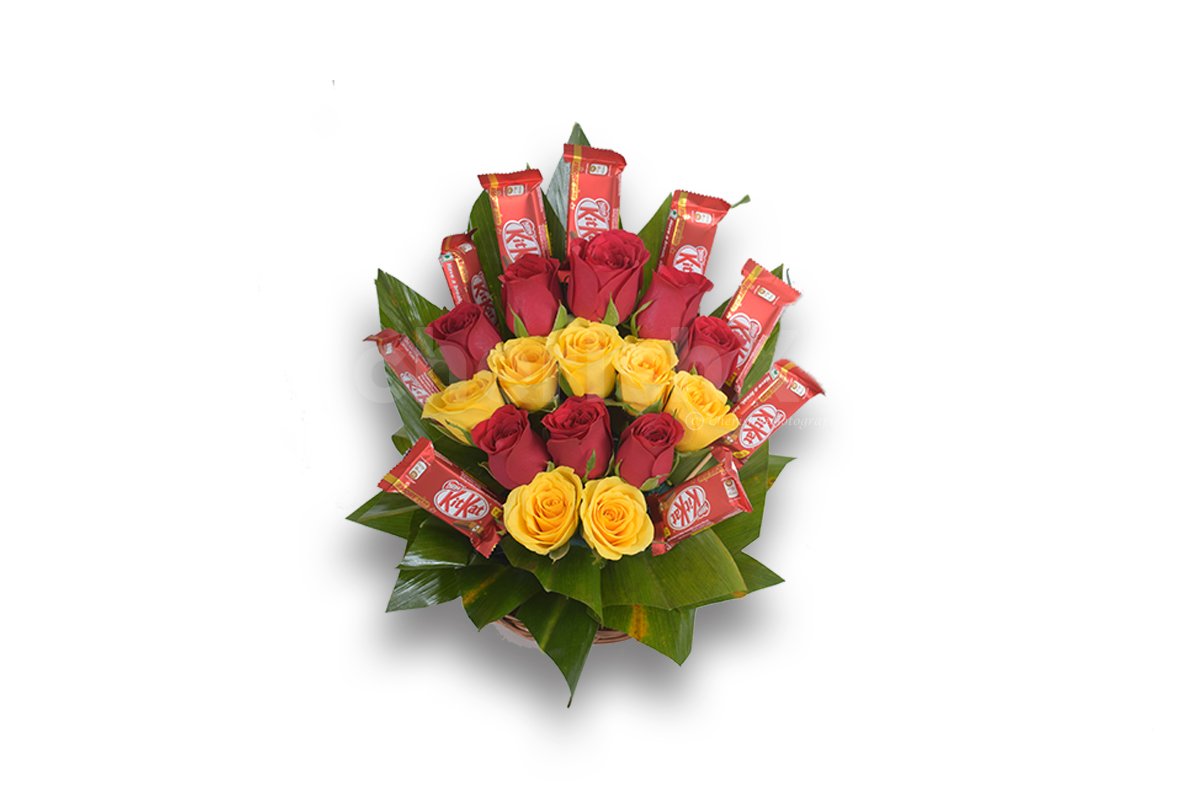 A Chocolatey Flower Bouquet featuring red and yellow roses and kit-kat chocolate 