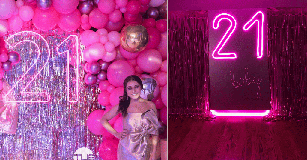 barbie theme birthday party with pink balloons and shimmer backdrop 