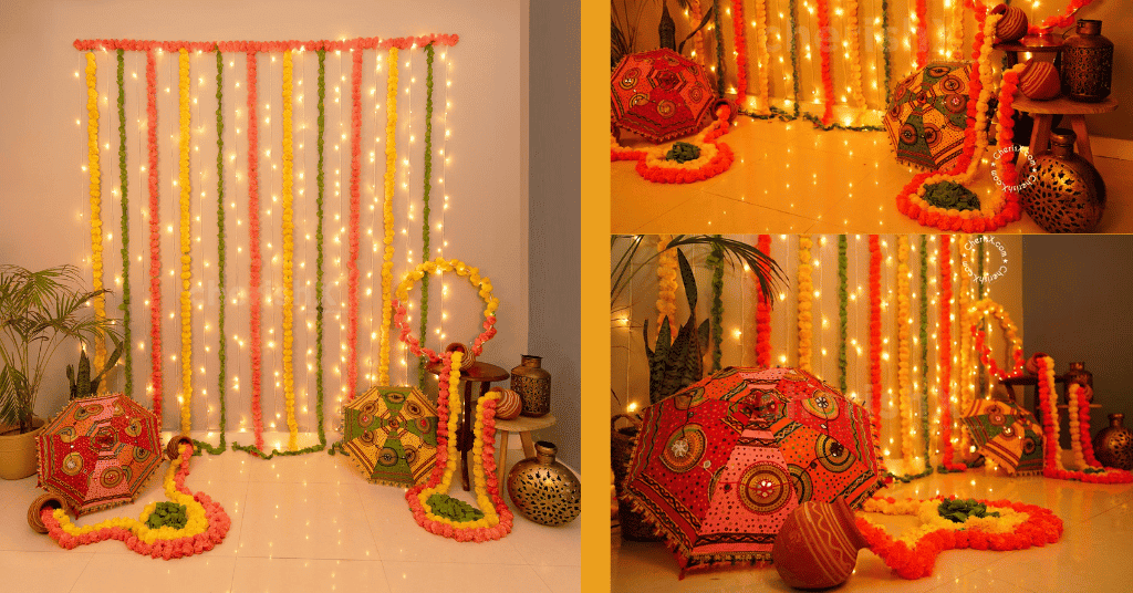 Navratri decoration mandap With Umbrella, garlands, and umbrella 