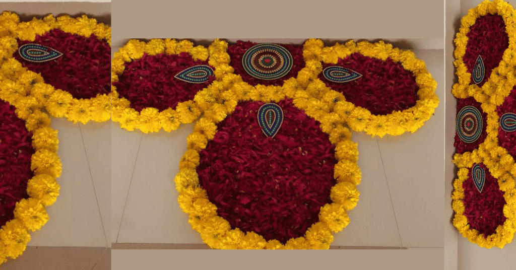 Simple Rose Petal & Marigold Rangoli Design Ideas