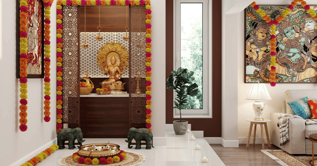 Minimal and Simple Navratri Mandir Decoration Idea with garland strands