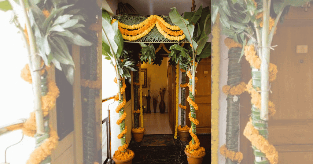 House Entrance Decoration In Navratri With Plants & Marigolds