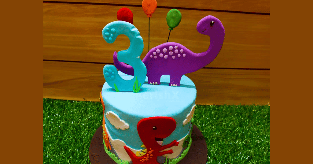 dinosaur theme fondant cake for kid's birthday party.