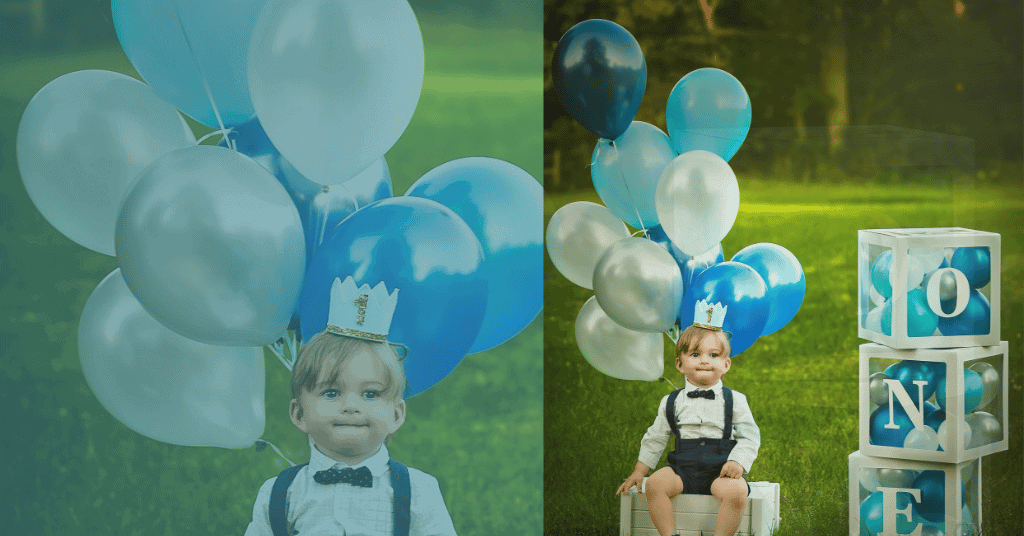 blue and white birthday decoration for a child's first birthday photoshoot. 