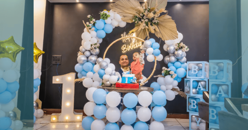 blue and white ring birthday decoration for birthday photoshoot ideas 
