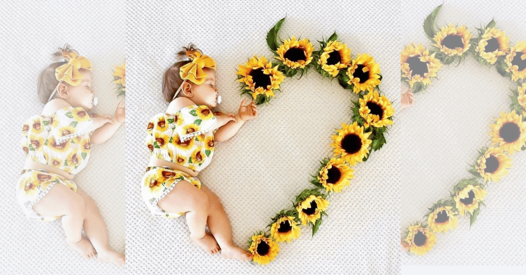 Serenade of sunflowers: Sleeping child on a bed surrounded by vibrant sunflowers, embodying the beauty and serenity of a 1st birthday.