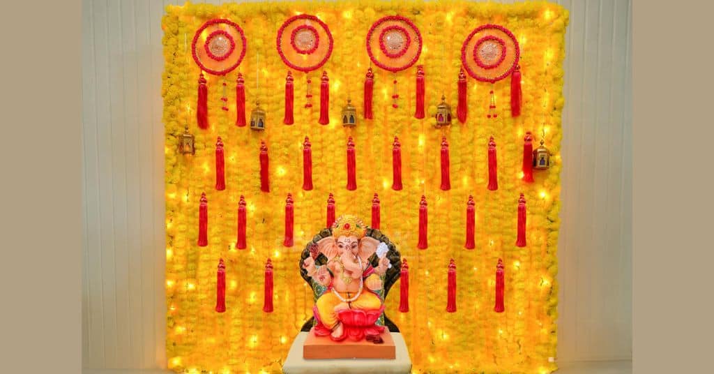 Pink & Yellow Flower Ganesh Chaturthi Decorations at home 