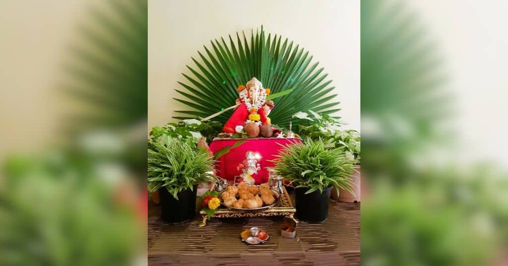 Eco friendly Ganpati decorations with palm leaves and fresh plants 