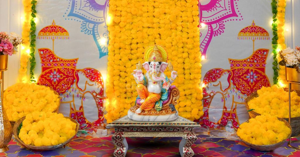 Elephant Theme and artificial Mrigold flower backdrop for Ganpati Decorations