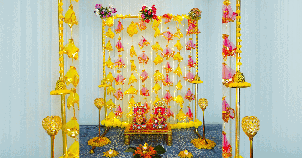 DIY Diwali Pooja Backdrop With A Cuboid Stand Kit Shines With Net Latkans & Cheerful Bells