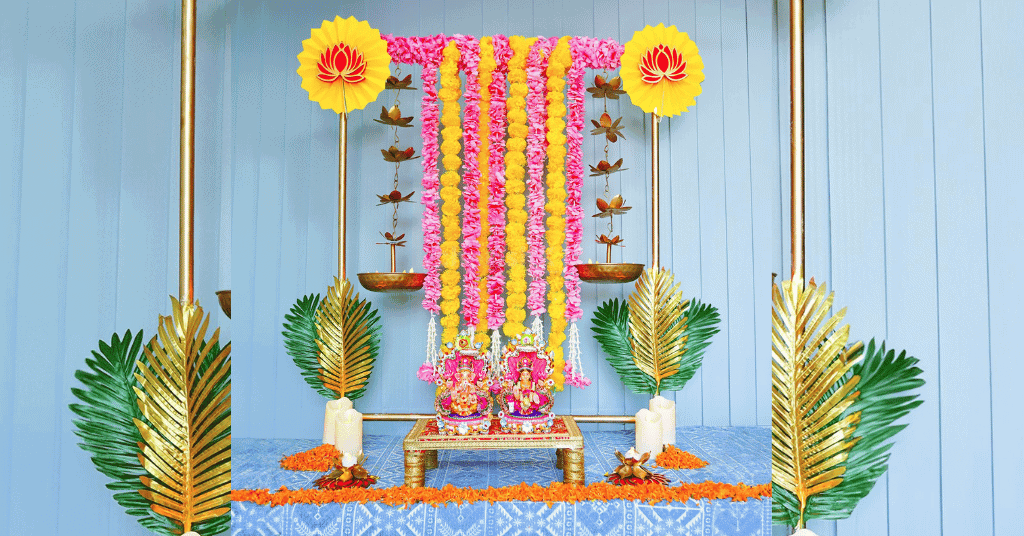 Festive Creation DIY Backdrop With Rectangular Stand Kit & Pink & Yellow Garlands 