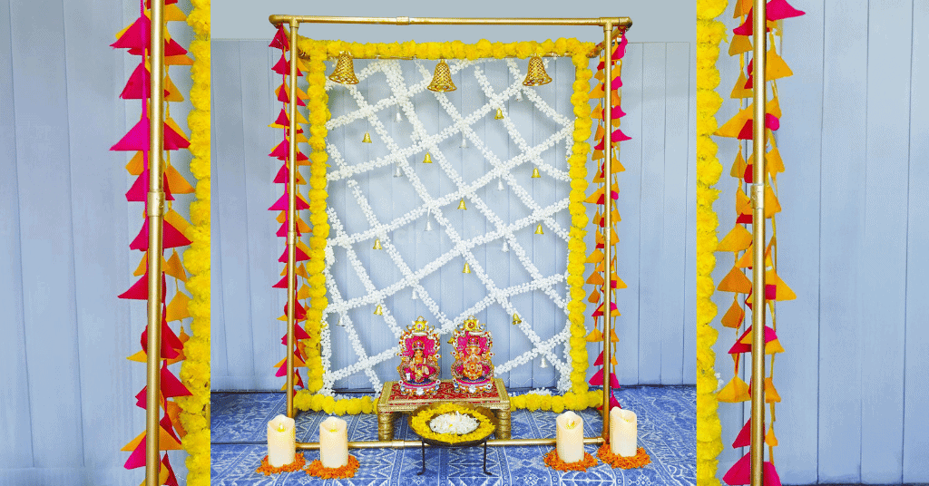 Ring In Festive Spirit Cuboid Stand DIY Festive Backdrop Decorations With Artificial Jasmine & Marigold Garlands 