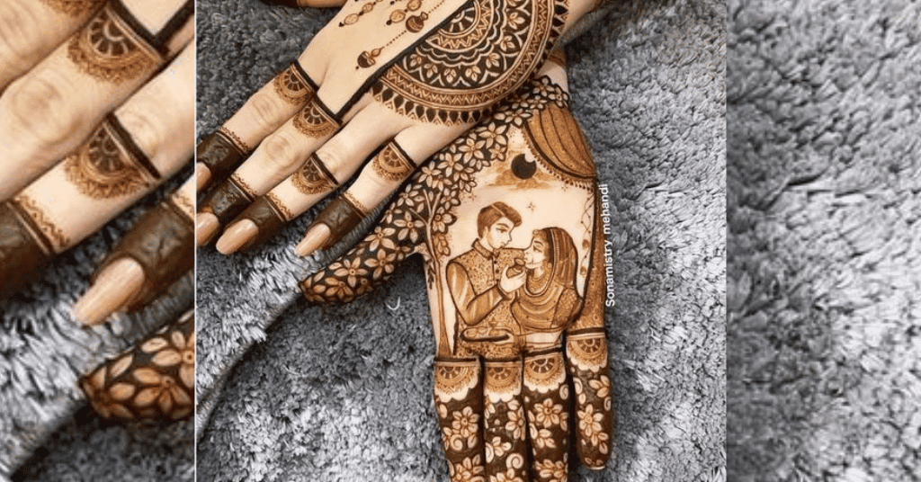 mehndi designs for karwa chauth featuring husband making her wife drink water after fast from Kalash