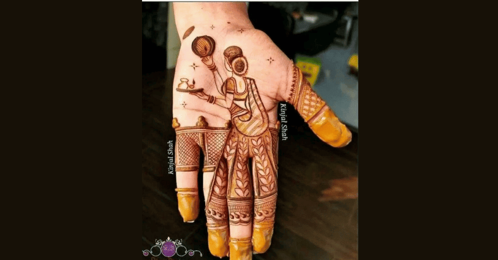 Karwa Chauth Night Themed Mehendi featuring a lady watching a moon with a  chalani in the hand 