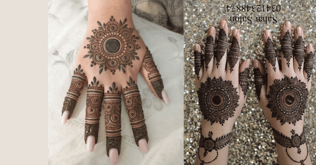 one of the simple and easy mehndi designs for karwa chauth featuring mandala style flower on the back hand
