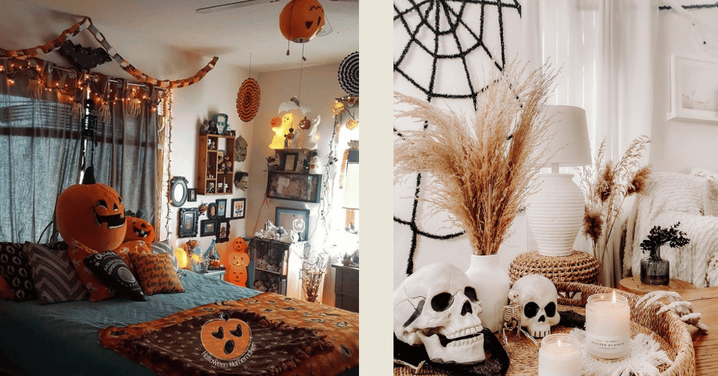 DIY Halloween Decorations For Room with pumpkins and skeleton faces