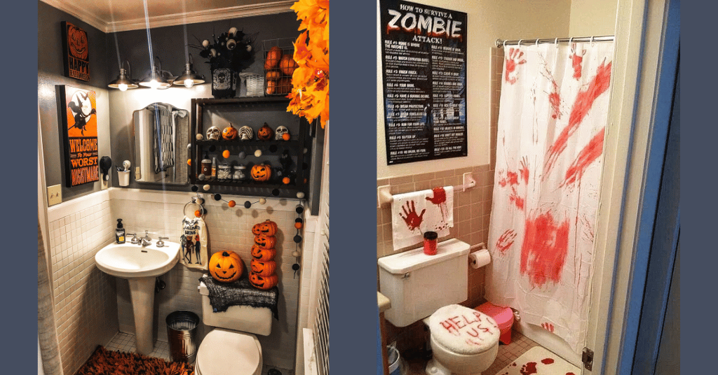 DIY Halloween Bathroom Decor with fake blood stain ideas and carved pumpkins