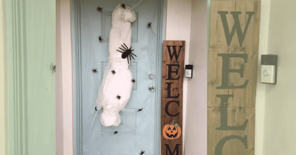 diy halloween decorations body bag on a door 
