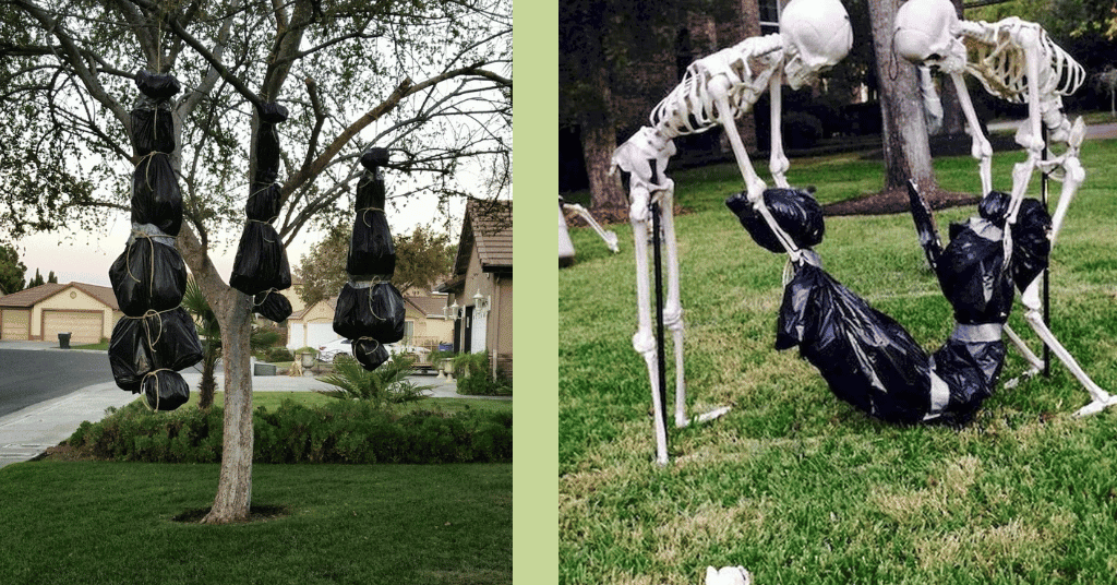 diy halloween decorations body bag
with skeletons for scary halloween themes
