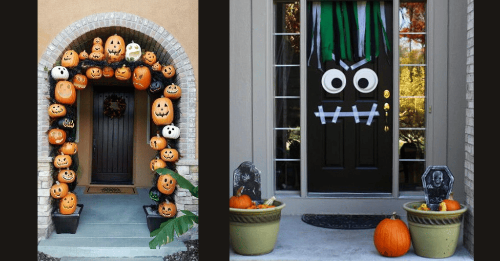 Do It Yourself Halloween Door Decorations with hanging pumpkins and ribbon decoration.