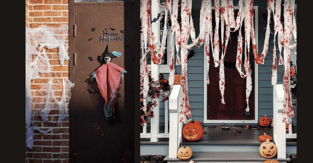 Do It Yourself Halloween Door Decorations with tattered clothes with fake blood stain 