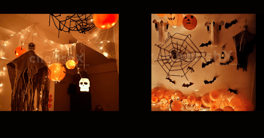 Halloween DIY Party Decorations with bat cut outs, spider web, tattered clothes, and skeleton