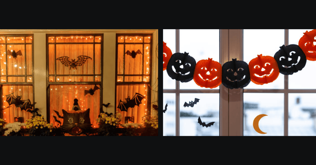  DIY Creepy Halloween Decorations For Window with bat cut outs, pumpkin window bunting 