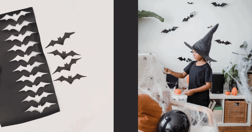 halloween theme decoration with bat cut-outs on the wall 
