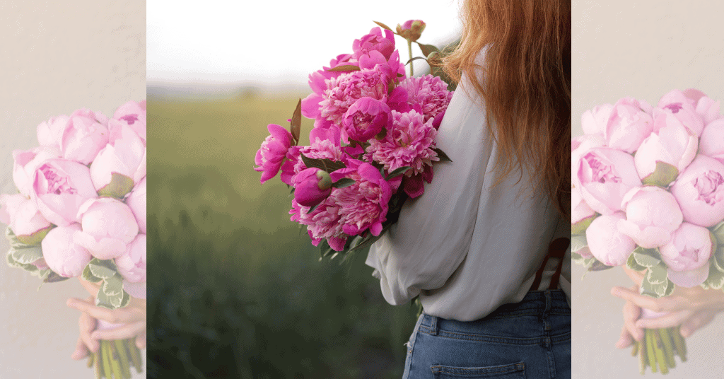 A girl holding peonies bouquet in her hand 