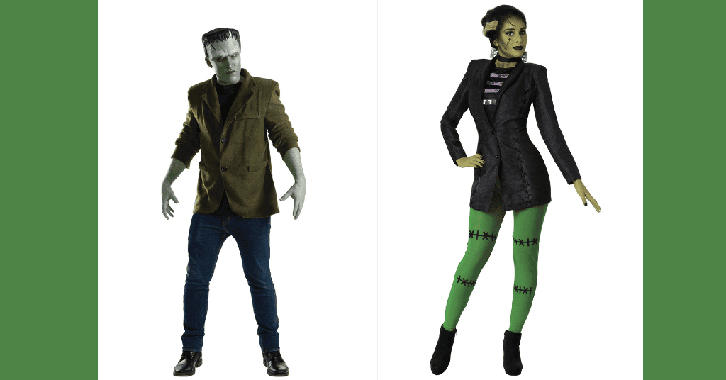 Frankenstein's Monster costume for idea for halloween costume party with green color paint on face and scary facial look
