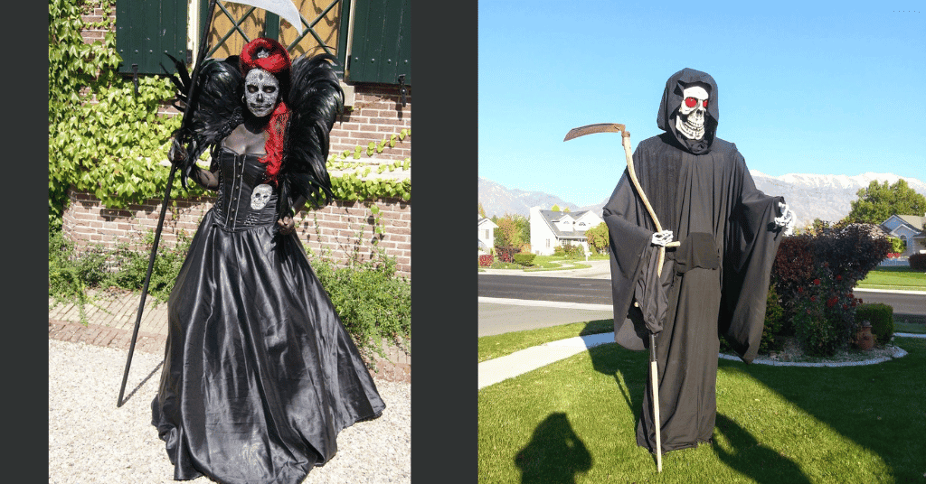 Grim Reaper Halloween Costume Idea with an axe in the hand and a scary outlook with paints. 