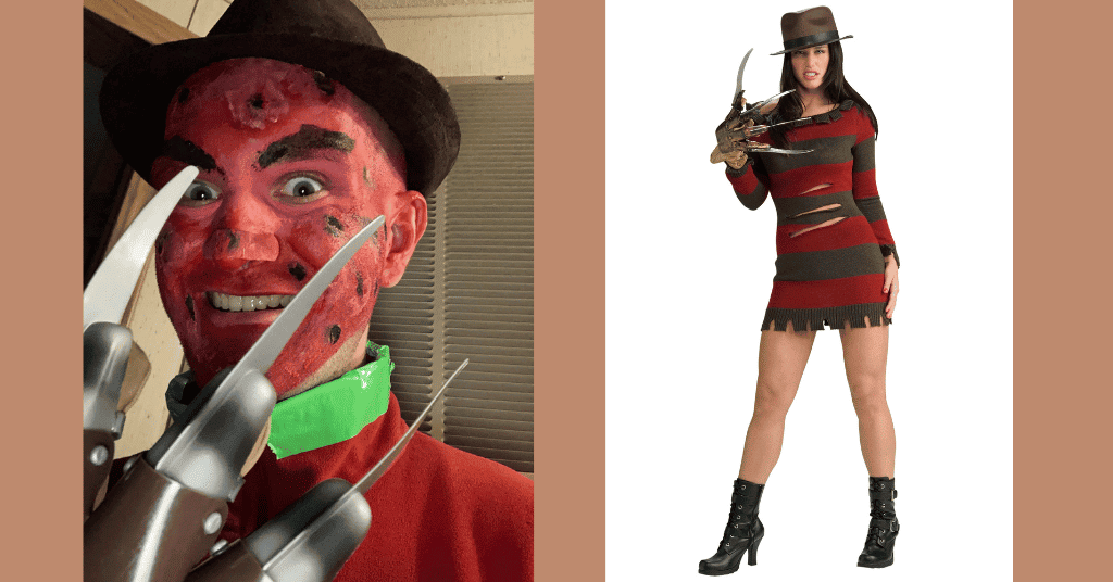 Scary Freddy Krueger with spook red face paint and dangerous hand gloves of Freddy 