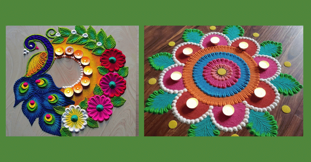 peacock rangoli and flower rangoli for diwali decorations