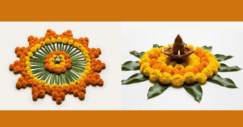rangoli with fresh flowers and earthen diyas 